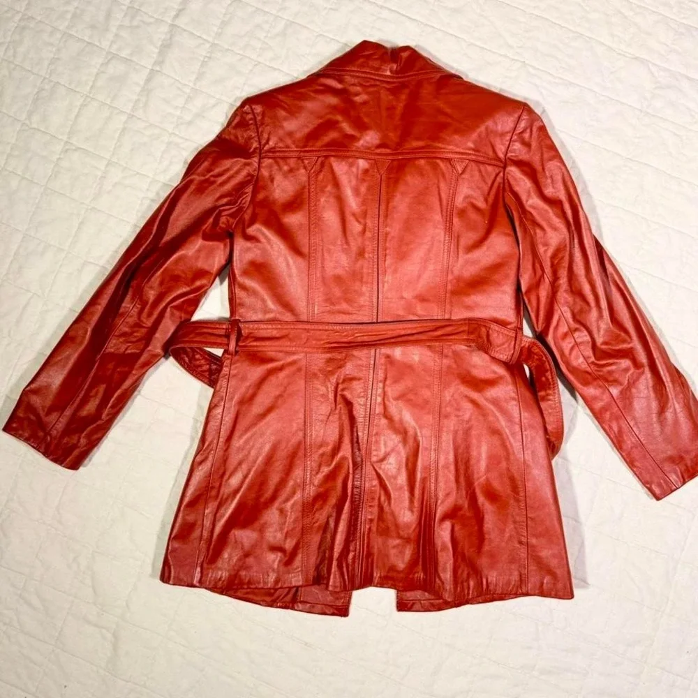 Vintage 70s Rust Faux-Leather Belted Trench Coat – Women's S/M - Picture 8 of 8